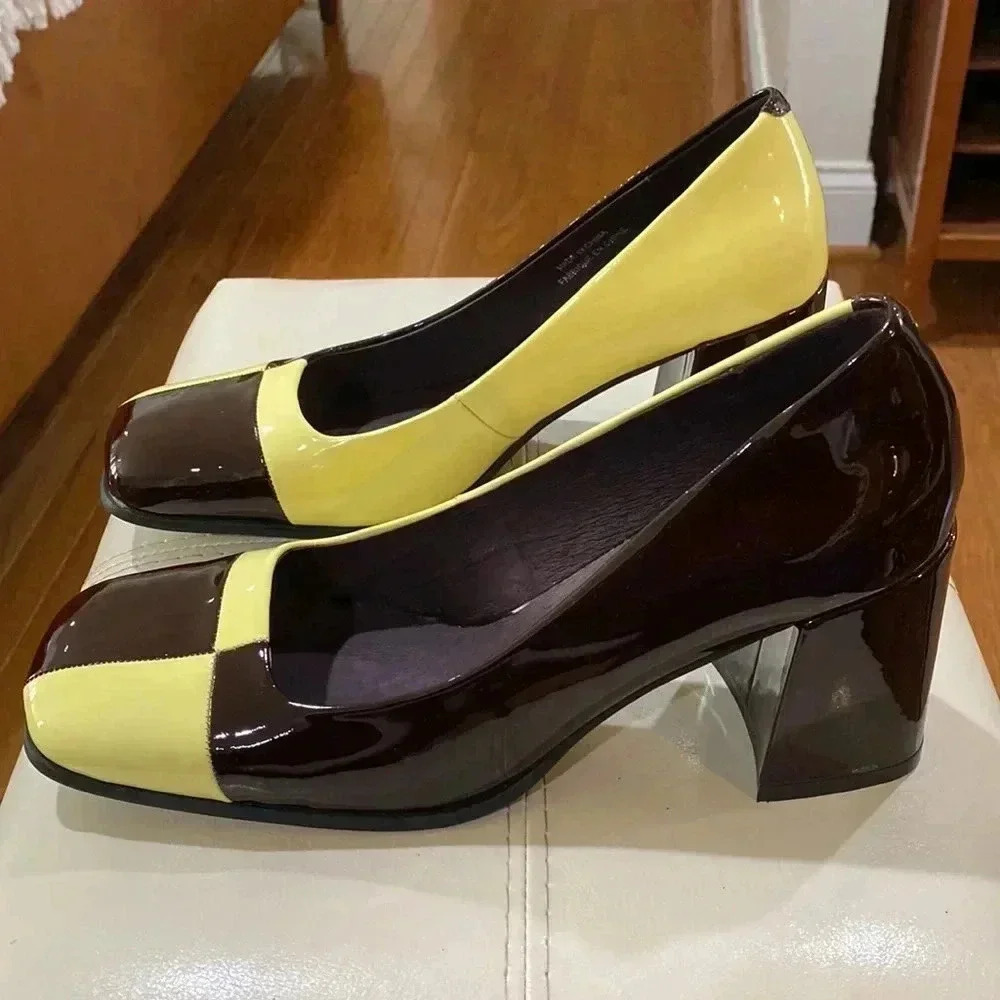 Jeffrey Campbell Brown and Yellow Patent Leather Block Heel Pumps - Picture 2 of 8